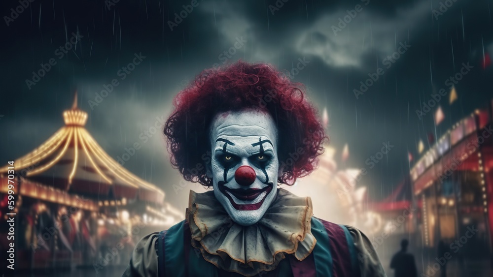 Evil clown face. Portrait of scary spooky clown monster from horror movie  with vintage circus on background. Generative AI Stock Illustration