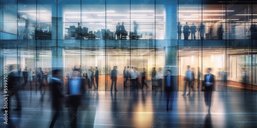 Long exposure banner of busy crowded modern office hallway with business people. Generative AI