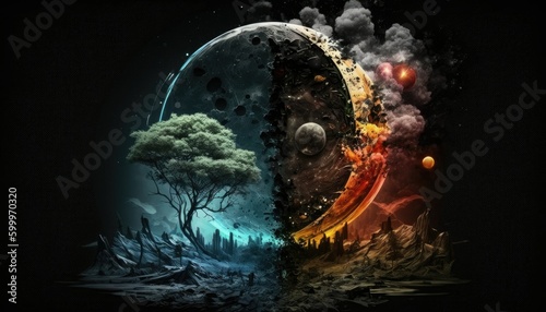 Planets expanding in the galaxy with colorful lights everywhere and a tree on earth Generative AI