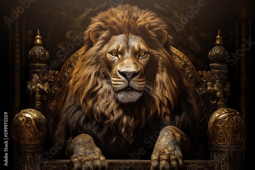 Lion sitting on throne like a king  royal oil painting portrait. Generative AI