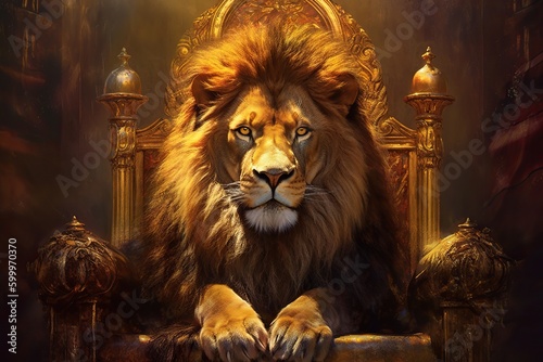 Lion sitting on throne like a king  royal oil painting portrait. Generative AI