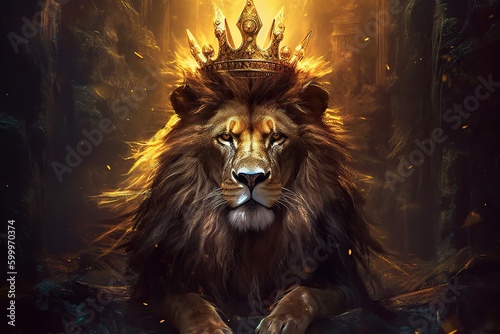 Lion sitting on throne like a king, wearing crown, royal oil painting portrait. Generative AI