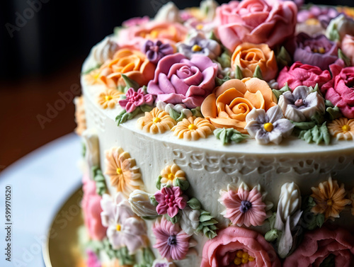 Decorated Mother s Day cake  with intricate icing details and edible flowers.