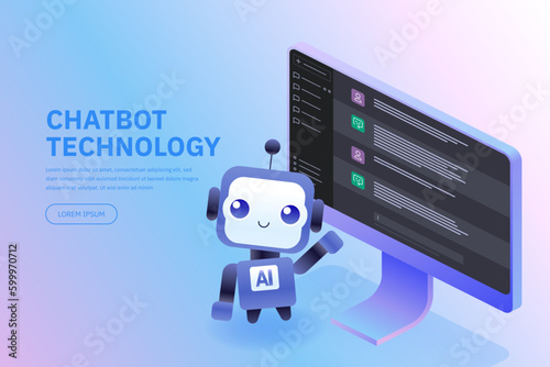 Chatbot technology Cute cartoon robot AI content generator Technology and engineering AI chat bot based on artificial intelligence and neural networks Online training Vector isometric illustration