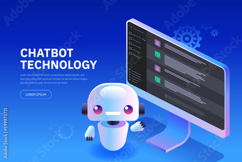 Chatbot technology Cute cartoon robot AI content generator Technology and engineering AI chat bot based on artificial intelligence and neural networks Online training Vector isometric illustration