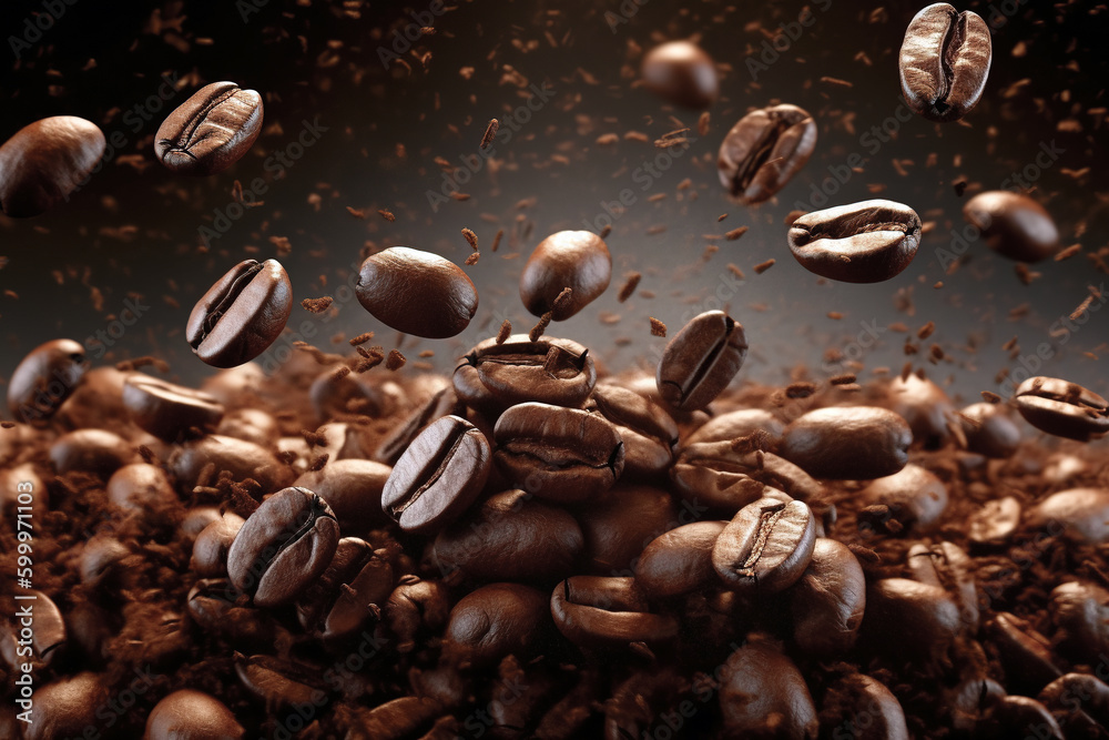 Flying coffee beans background. Close-up brown coffee beans banner. generative ai. Closeup coffee grains background Flying coffee beans background. Close-up brown coffee beans banner. generative ai. Closeup coffee grains background
