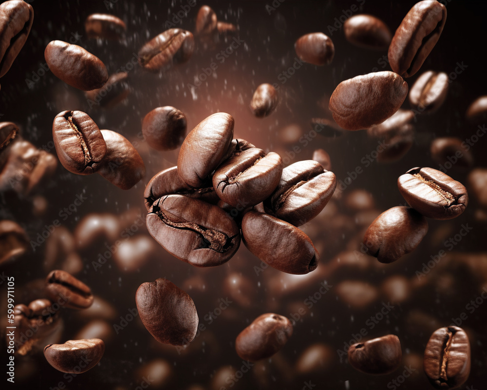 Flying coffee beans background. Close-up brown coffee beans banner. generative ai. Closeup coffee grains background Flying coffee beans background. Close-up brown coffee beans banner. generative ai. Closeup coffee grains background