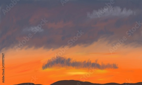 A digital painting of a cloudy sunset over the mountains