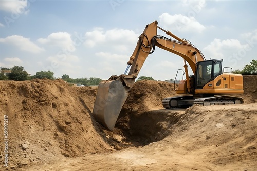  Excavator dig the trenches at a construction site. Generative AI