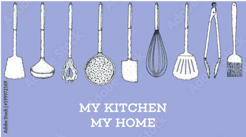 Kitchen, utensil, kitchenware sketch. Hand drawn sketches. Vector illustration. Spatula, ladle, tongs, whisk, slotted spoon, kitchen brush hand drawing illustration.