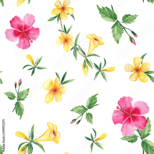 Seamless watercolor pattern with exotic tropical flowers. Hibiscus, alamanda, yellow bell. Botanical illustration isolated on white background. Can be used for fabric prints, gift wrapping paper