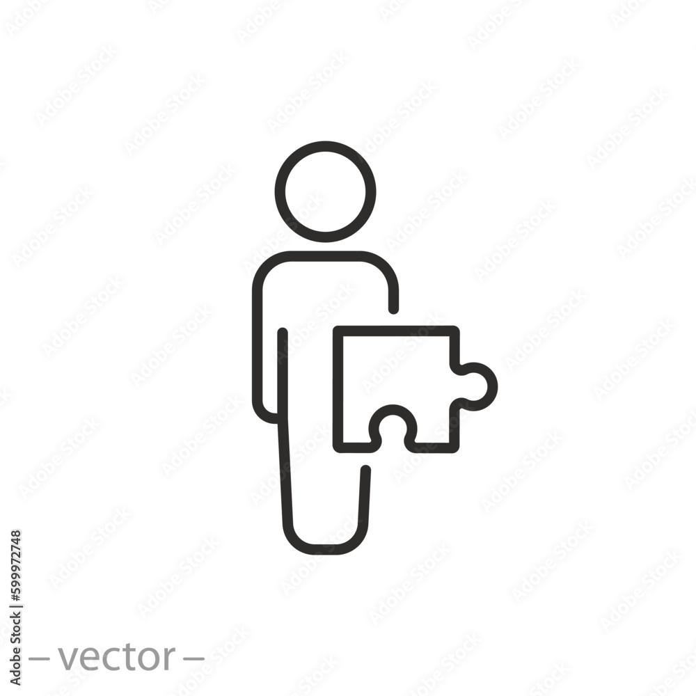 man with puzzle icon, integral part of the team, right link, community puzzle, thin line symbol - editable stroke vector illustration man with puzzle icon, integral part of the team, right link, community puzzle, thin line symbol - editable stroke vector illustration
