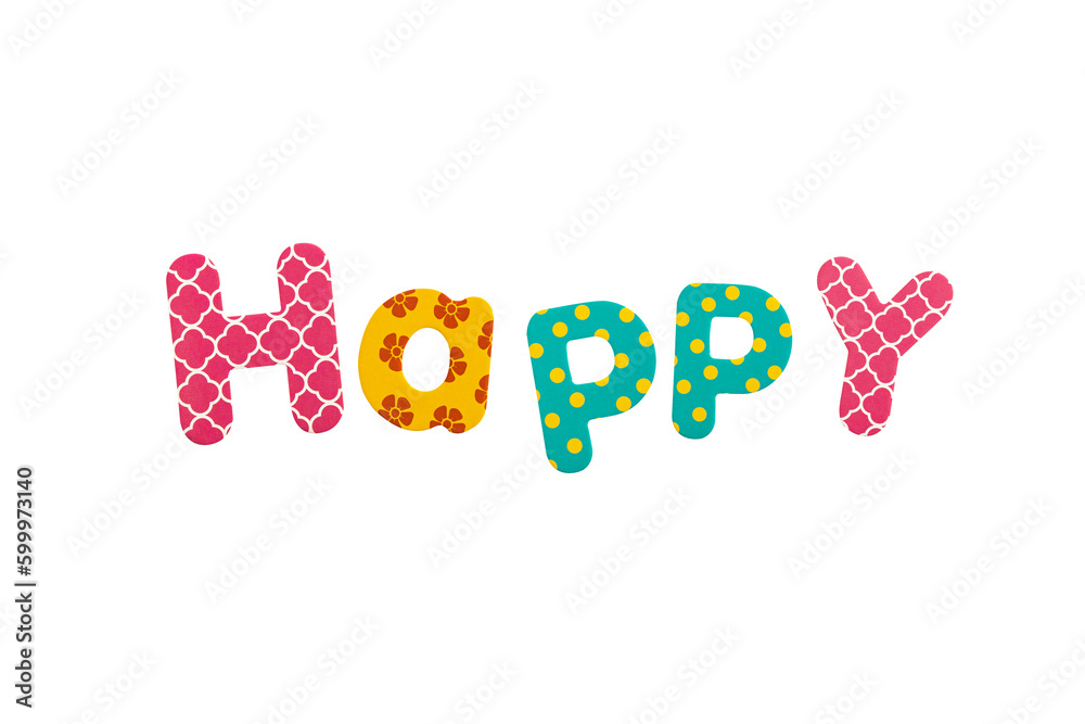 The inscription Happy from colored letters on white. top view, flat lay The inscription Happy from colored letters on white. top view, flat lay