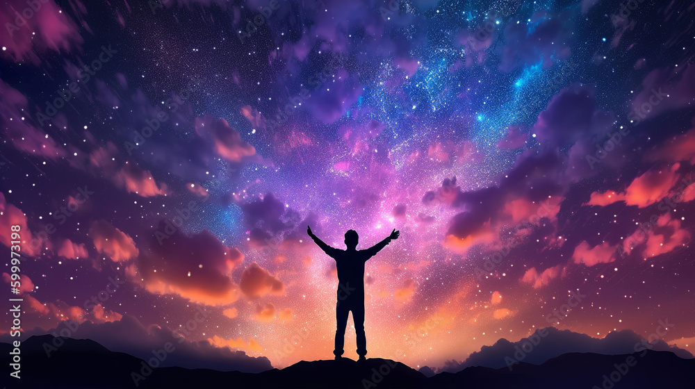 Illustration silhouette of a young man with arms outstretched against an epic starry night sky background. A.I. generated.
