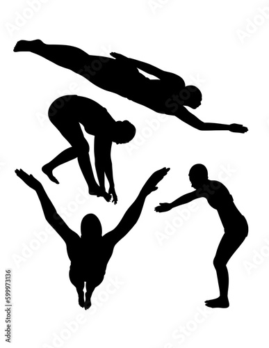 Male and female jumping, swimming, snorkeling and diving sport action silhouette