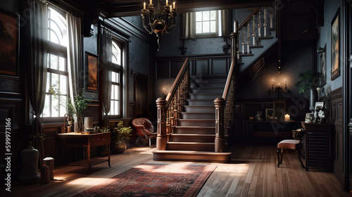 Dark academia style, victorian style mansion interior design with wooden stairs. Dark academia style, victorian style mansion interior design with wooden stairs. Generative AI