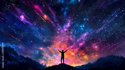 Illustration silhouette of a young man with arms outstretched against an epic starry night sky background. A.I. generated. 