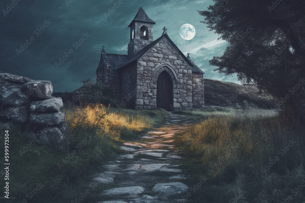 Old stone church at night. Generative AI. Old stone church at night. Generative AI.