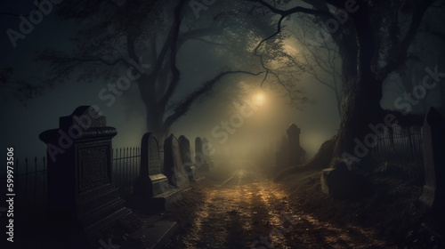 Illustration of a Path in a foggy graveyard. Generative AI. 