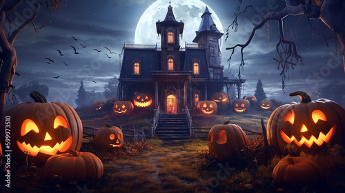 Illustration of a haunted mansion on a hill with spooking halloween pumpkins. Generative AI.  © Jeff Whyte