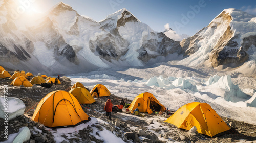 Illustration of colorful tents at Everest Basecamp. Generative ai. 