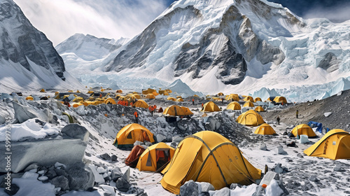 Illustration of colorful tents at Everest Basecamp. Generative ai.  photo