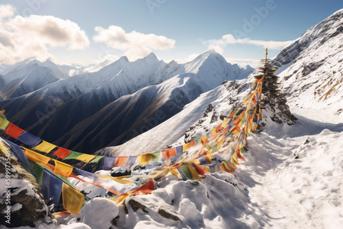 Tibetan prayer flags high up in the Himalaya mountains. Generative AI. 