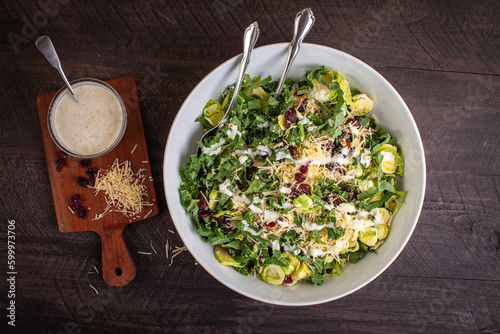 Kale and Shaved Brussels Sprouts Salad topped with dried cranberries, grated fresh parmesan cheese, walnuts, and a lemon greek yogurt dressing overhead shot