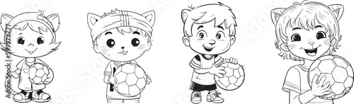 coloring book for kids, kid cat girl holding football in hand, black and white, 100% editable colorable