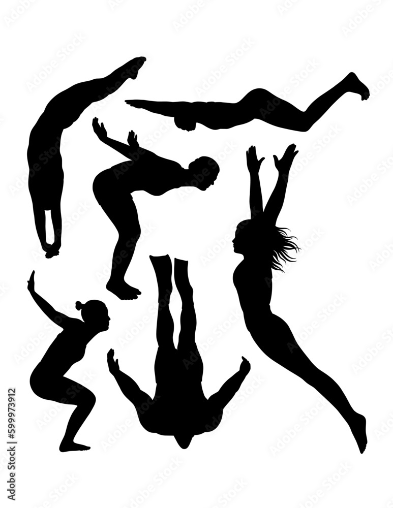 Male and female jumping, swimming, snorkeling and diving sport action silhouette Male and female jumping, swimming, snorkeling and diving sport action silhouette