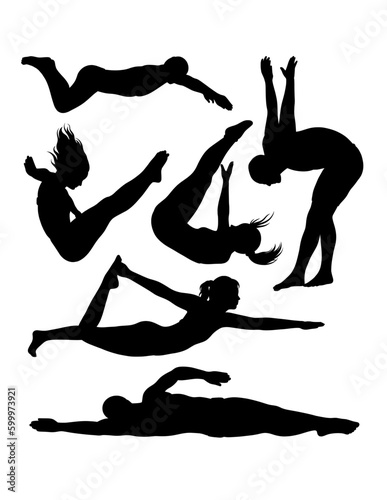 Male and female athlete jumping, swimming, snorkeling and diving sport action silhouette