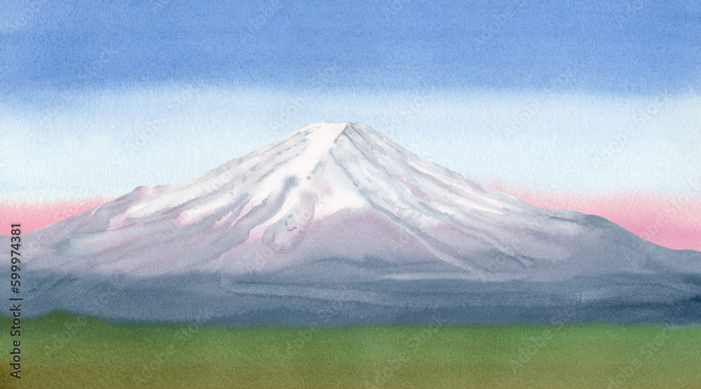 Watercolor illustration of a spring-summer landscape with Mount Fuji with a blue-gray snowy peak, with a soft pink sunrise against a blue sky and green meadows.