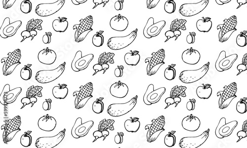 Food background  vegetables seamless pattern. Healthy eating - tomato  garlic  carrot  pepper  broccoli  cucumber line icons. Vegetarian  farm grocery store vector illustration