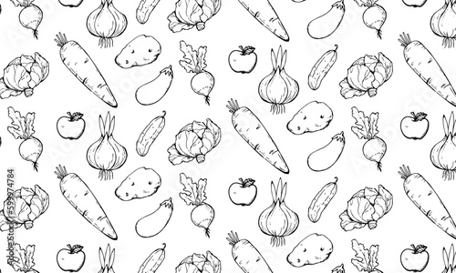 Food background, vegetables seamless pattern. Healthy eating - tomato, garlic, carrot, pepper, broccoli, cucumber line icons. Vegetarian, farm grocery store vector illustration