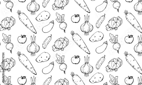 Food background  vegetables seamless pattern. Healthy eating - tomato  garlic  carrot  pepper  broccoli  cucumber line icons. Vegetarian  farm grocery store vector illustration