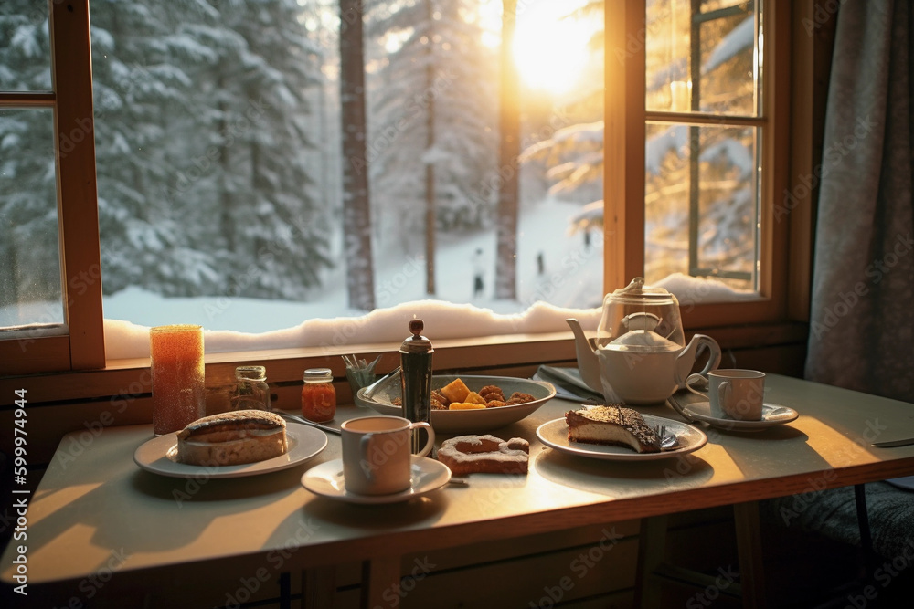 Perfect good morning breakfast in a winter setting Perfect good morning breakfast in a winter setting