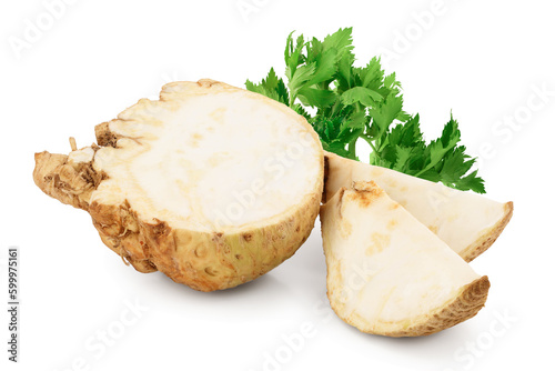 Fresh celery root half and slice isolated on white background