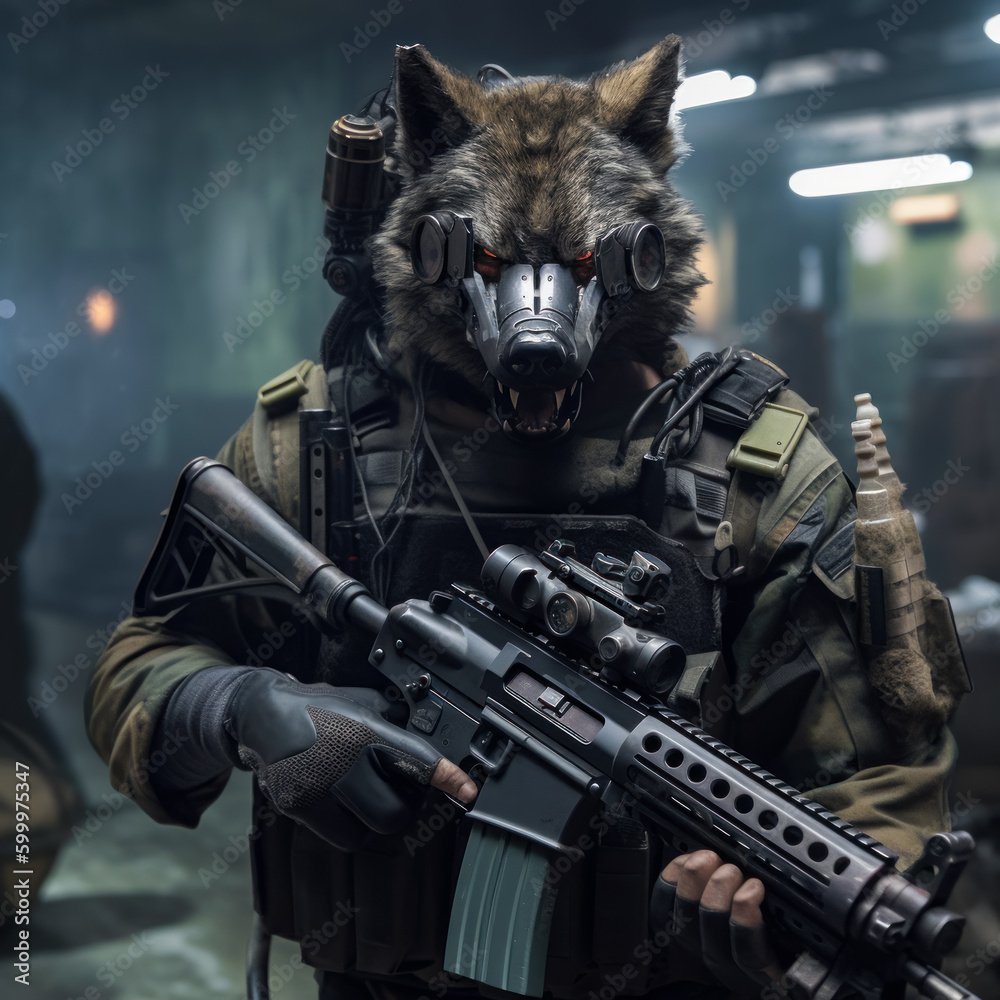 Horrific wolverine soldier with guns and armor. Futuristic new species warrior with animal head. Generative AI. Horrific wolverine soldier with guns and armor. Futuristic new species warrior with animal head. Generative AI.