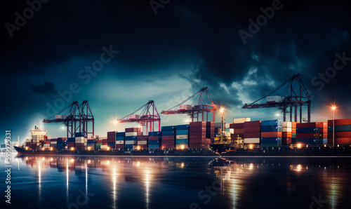 High piles of containers in the port among the powerful freighting cranes at night. International trade concept. Generative AI.