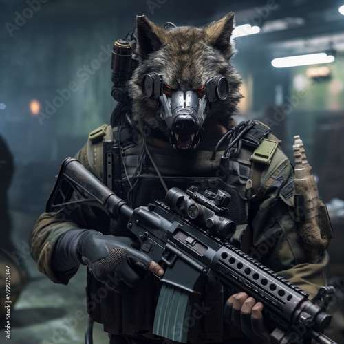 Horrific wolverine soldier with guns and armor. Futuristic new species warrior with animal head. Generative AI. photo