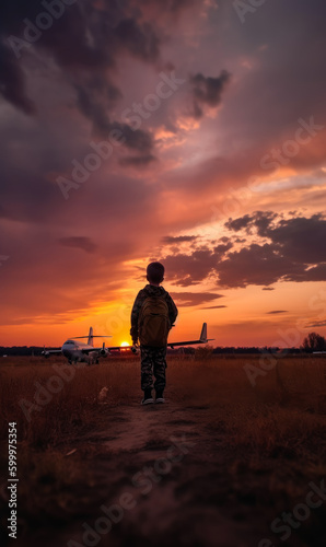 Rear view of a boy with backpack looking at landed plane in the field. Kid watching the aircraft at sundown. Generative AI.