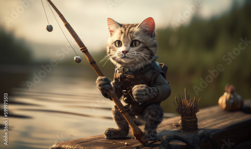 Grey stripy cat in a leather vest fishing on the pond. Attentive focused kitten with a fishing rod on wooden bridge. Blurred backdrop. Generative AI.