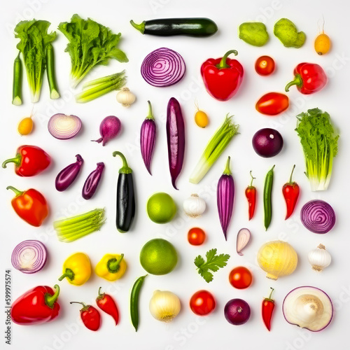 Bright flat lay of the vegetables. Fresh organic veggies and greenery on white backdrop. Top view. Generative AI.