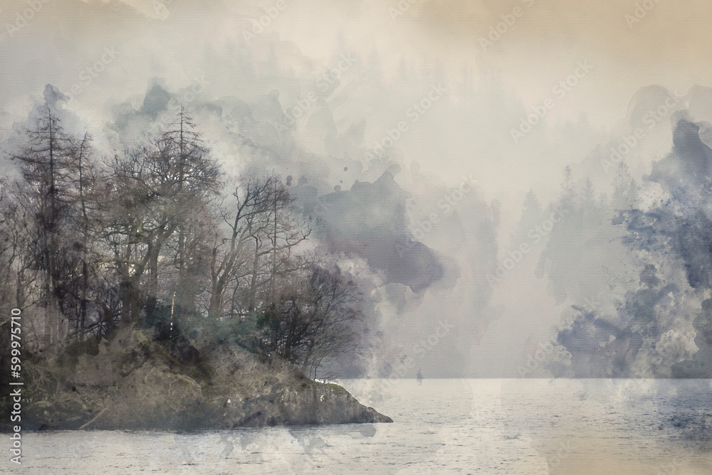 Fototapeta premium Digital watercolour painting of Beautiful calm peaceful Winter landscape over Thirlmere in Lake District with mist and layers visible in the distance