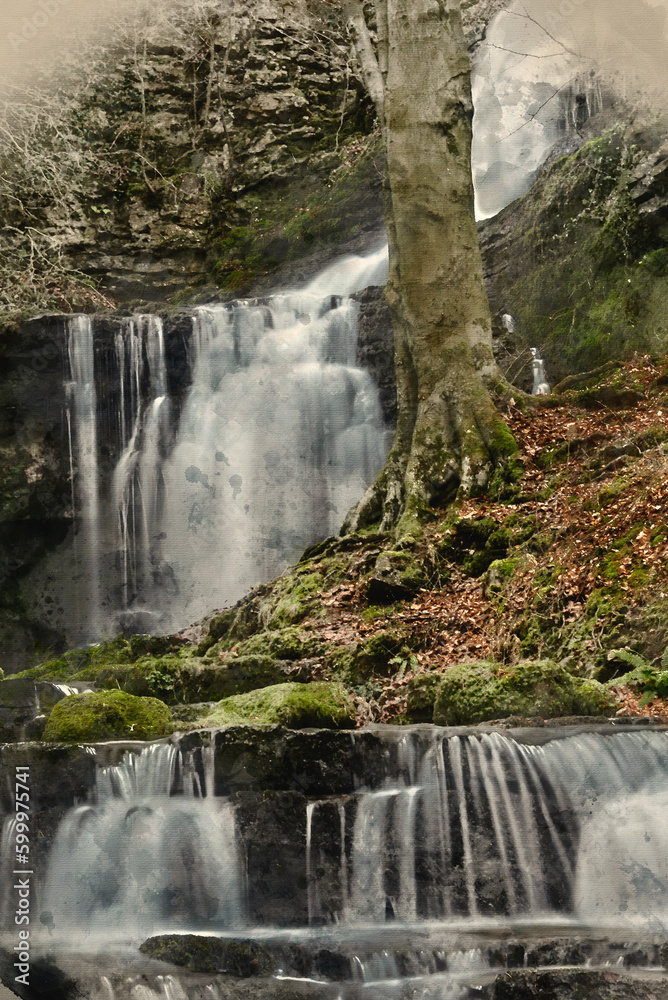 Fototapeta premium Digital watercolour landscape painting of waterfall in Yokrshire Dales in England during Winter