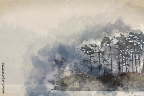 Digital watercolour painting of Beautiful calm peaceful Winter landscape over Thirlmere in Lake District with mist and layers visible in the distance photo