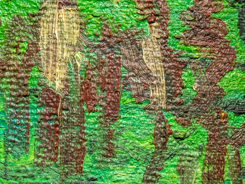 Colorful surface of the painting. Texture of painting. Painting artwork facture. Colorful texture. Abstract background. Oil painting on canvas with brown, yellow, green colors. 
