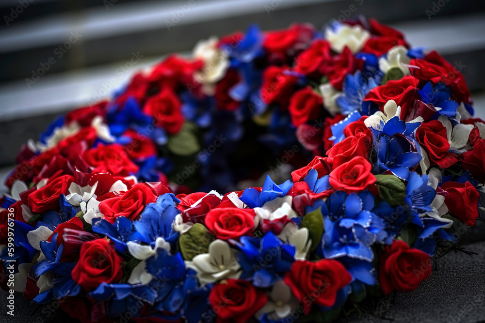 Wreath made of red, white, and blue flowers and ribbons, resting against the base of a solemn war memorial.