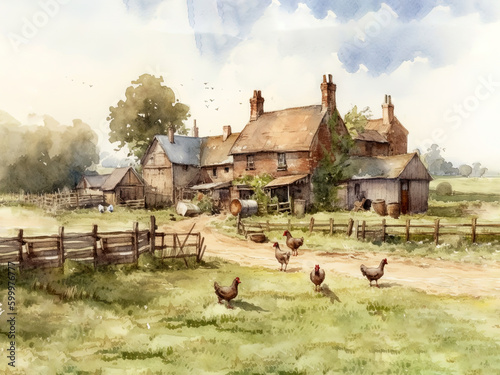  View of an Victorian or Edwardian farmyard and farmhouse in a rural summer scene. AI generated background illustration in a detailed watercolor style photo