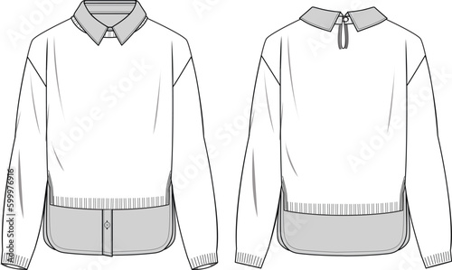 Women's 2 in-1 Collared Jumper. Technical fashion illustration. Front and back, white color. Women's CAD mock-up.